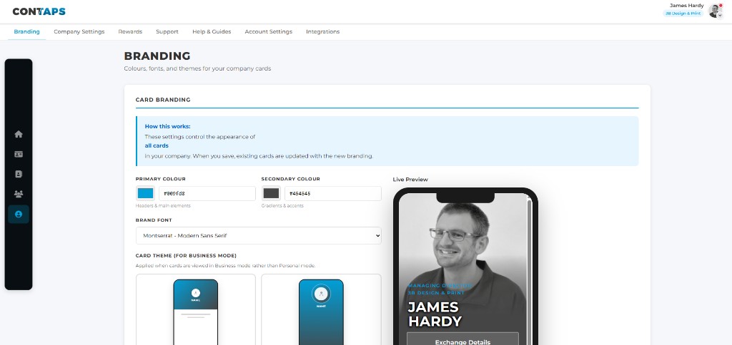 Team branding dashboard with colour and theme controls
