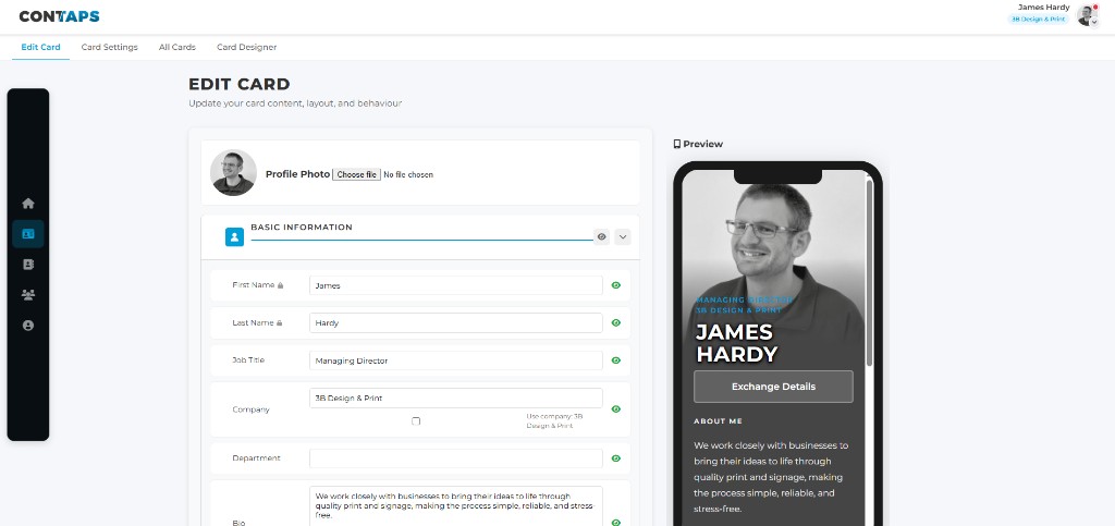 Contaps card editor showing custom profile layout options